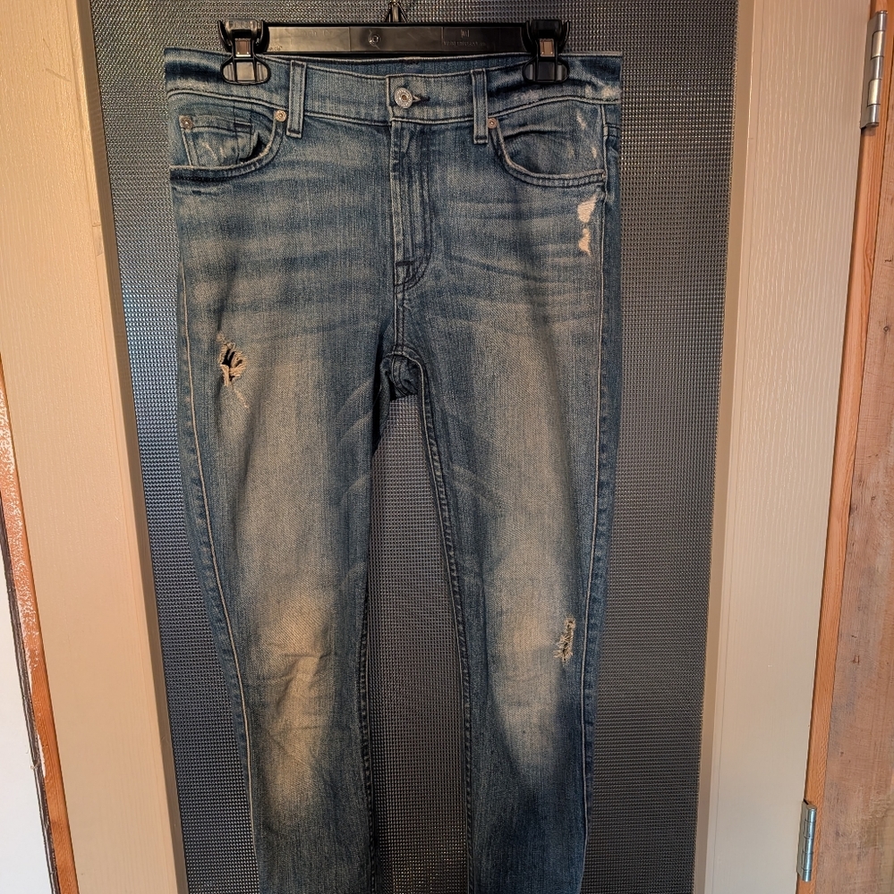 7 For All Mankind Blue Distressed Skinny Jeans